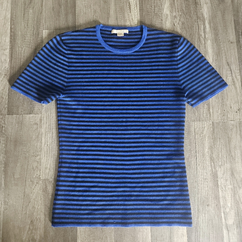 Mickael Kors Blue Striped Short Sleeve Sweater 100% Cashmere